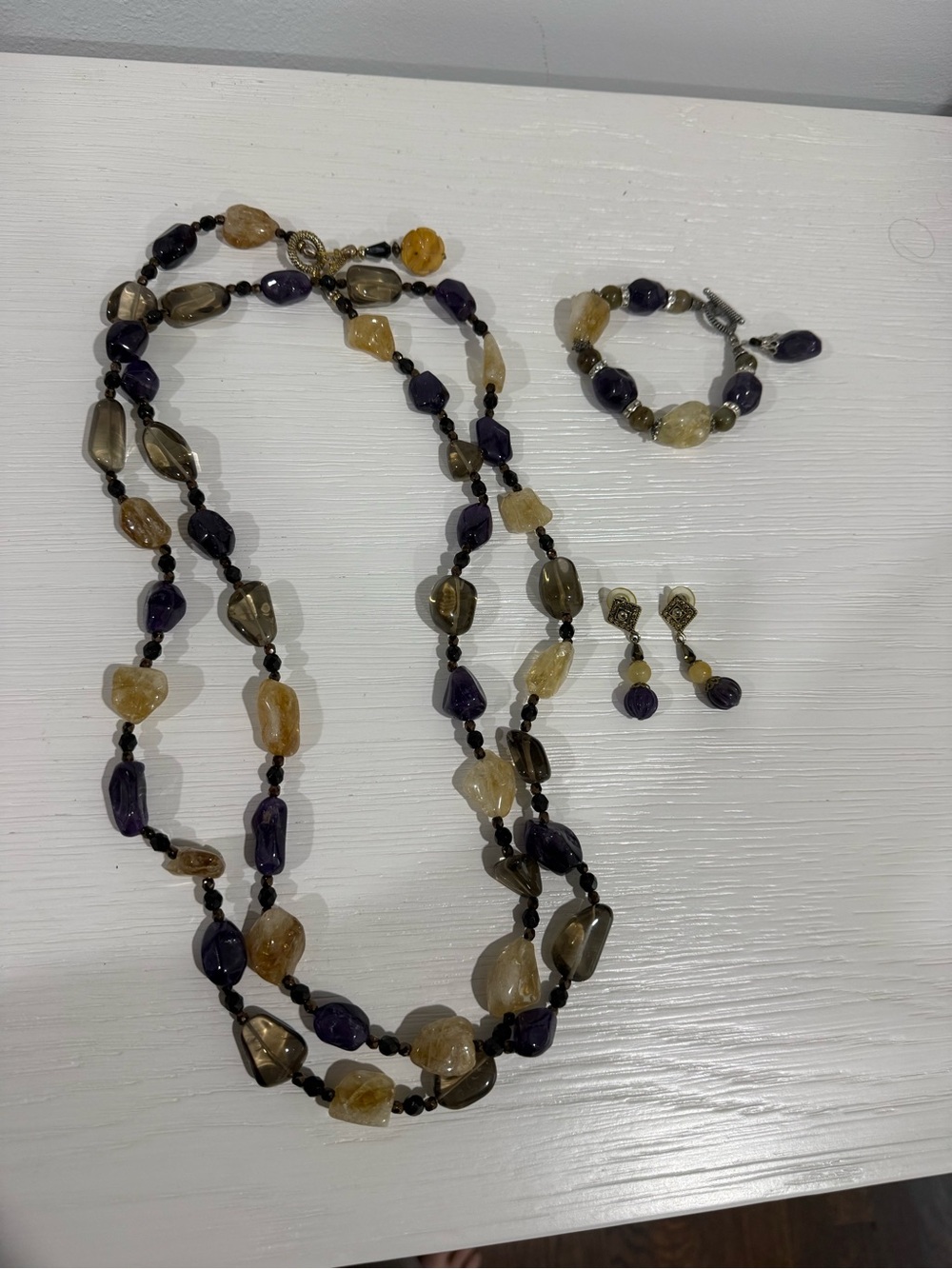Handmade Multicolor Beaded Necklace, Bracelet & Earrings Set - Purple & Yellow